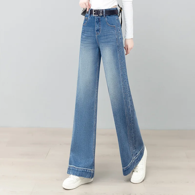 

Diamond-Studded Jeans for Women, Autumn Versatile High-Waist Draped Slimming Loose Straight Pants