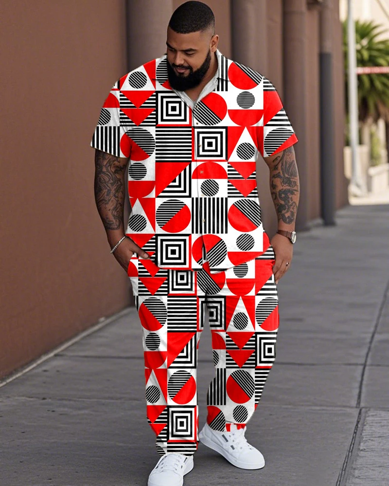 

S-9XL Мужская рубашка больших размеров с геометрическим узором и короткими рукавами и брюки, комплект из 2 предметов, современный свободный крой, лето