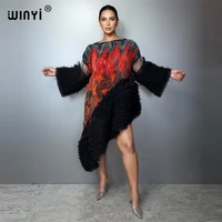 WINYI Robe Kaftan Irrégulière Style Dubaï, Manches Bouffantes Plissées Élastiques, Robe de Plage, Robe de Soirée de Luxe pour Vacances et Fêtes 1