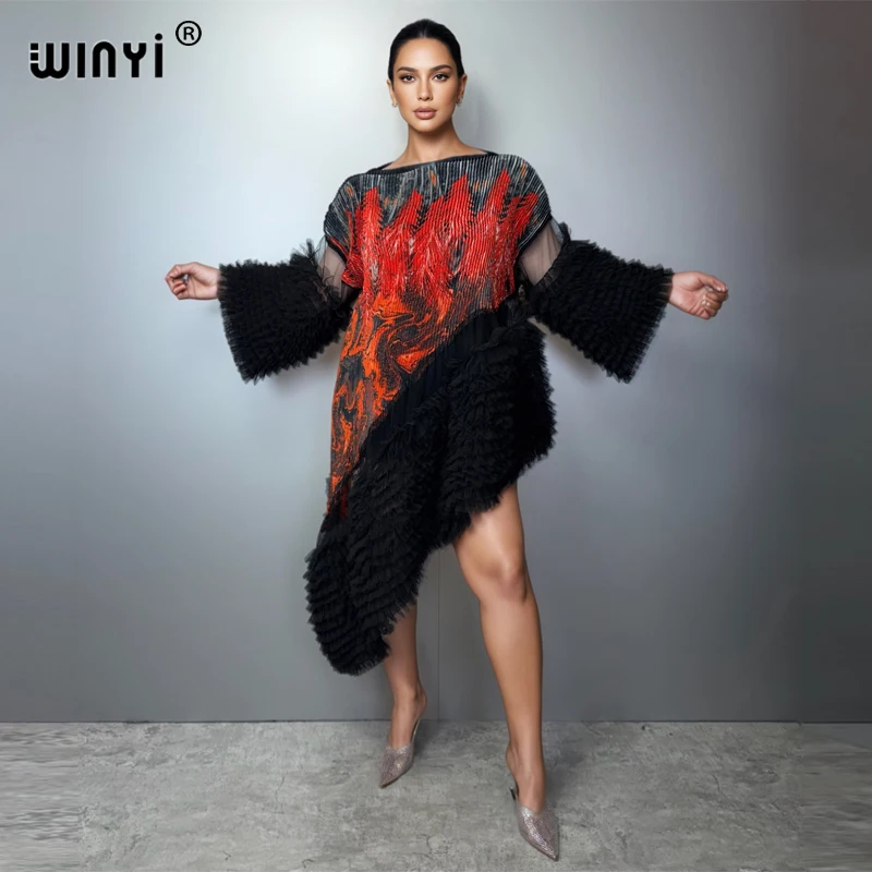 WINYI Irregular Kaftan Dress Dubai Style Pleated Elastic Puff Sleeves Beach Cover Up Holiday Luxury Party Evening Gown Dress