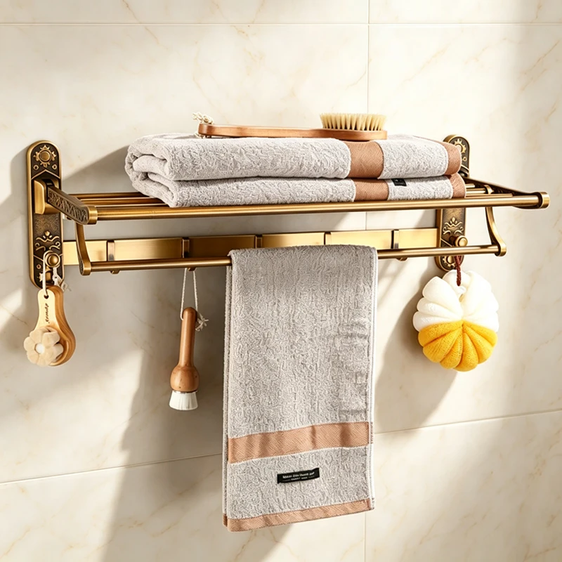 Foldable Antique Brass Towel Rack, Double Shelf Bathroom Holder with Hooks, Space Saving Bath Accessories for Wall Mounting