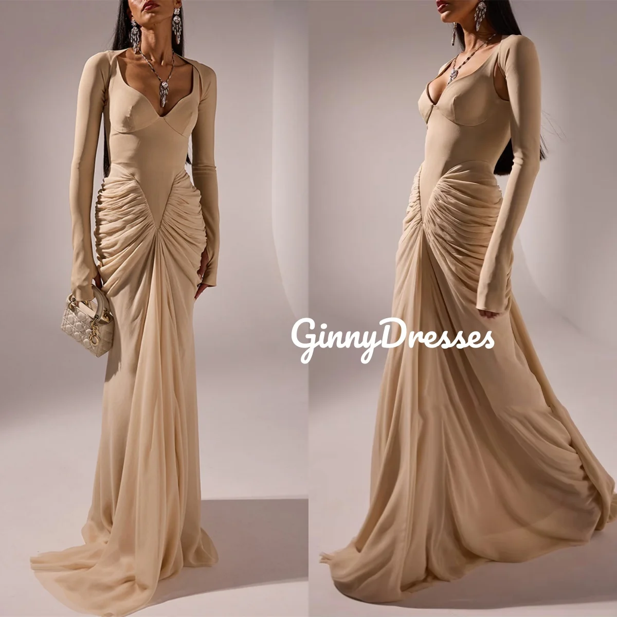 

Evening Dress Customize Long Sleeves Floor-Length Zipper Up Ruffle Dresses For Special Events A-Line Square Neckline Vestidos De
