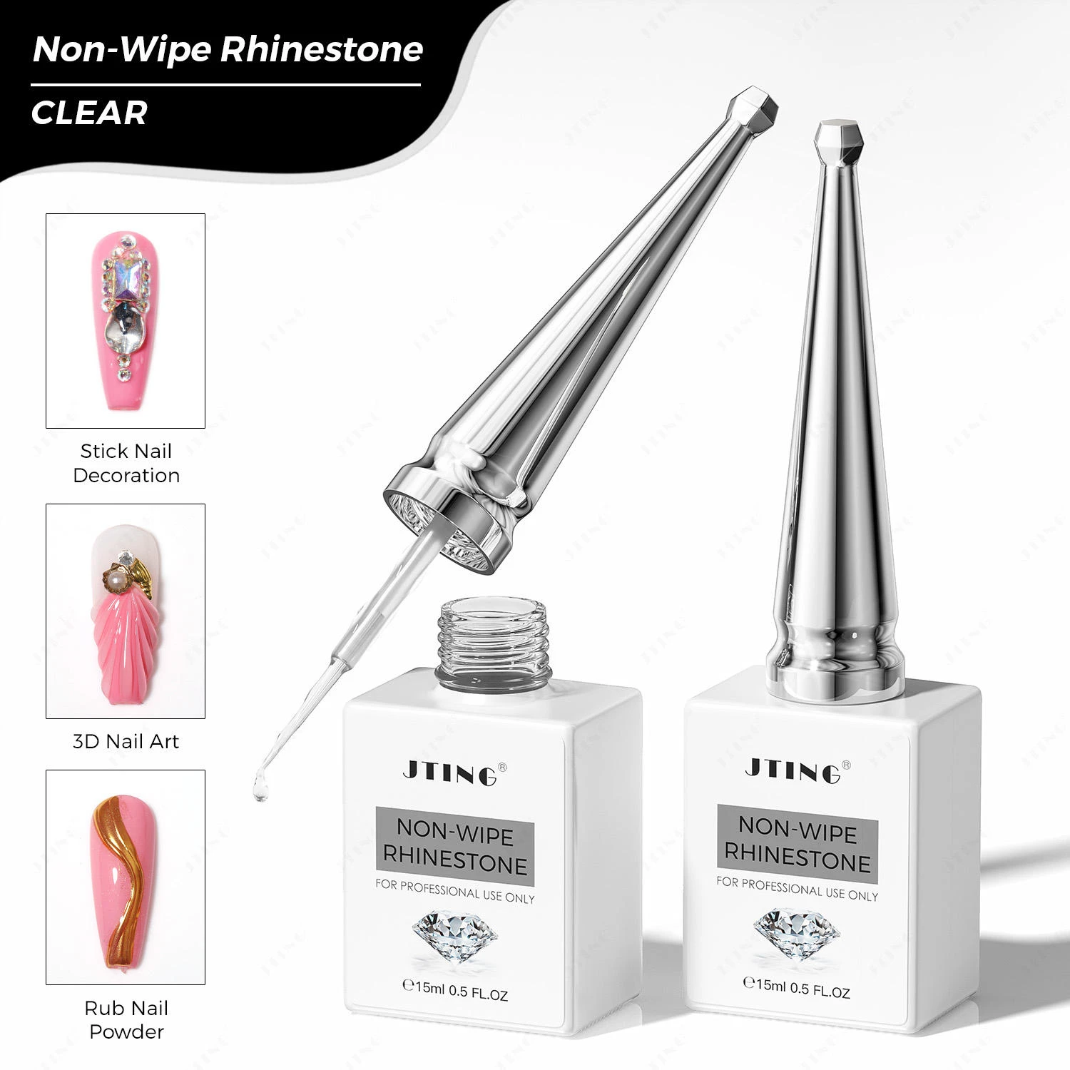 JTING 1個 3Dネイルアート ノンワイプ ラインストーンジェル 15ml クリアジェルポリッシュ ネイルサロン プロ用製品