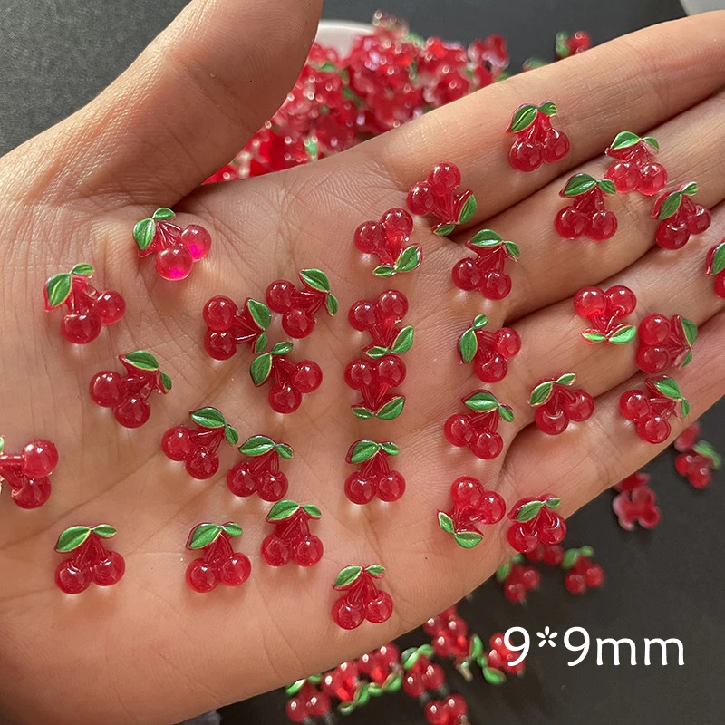 50 Pcs New 9*9mm Cute Mini Fruit Cherry Resin Figurine Crafts Flat Back Manicure Ornament Jewelry Making Hairwear Accessories