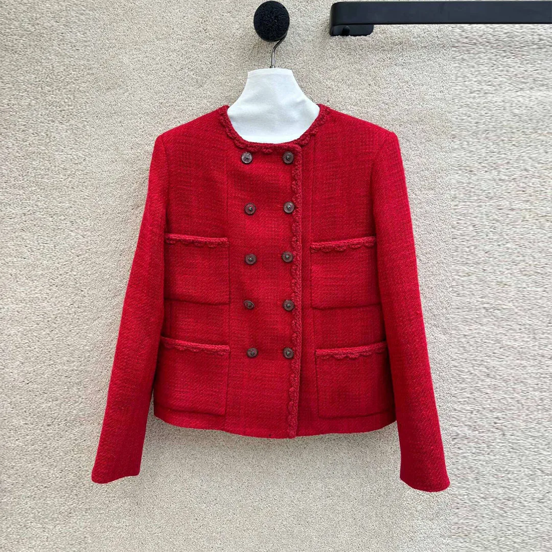 2024 New Fall Winter Fashion O-neck Long Sleeve Vintage Woolen Cloth Tweed Coat Women Double Breasted Pockets Sweet Jacket