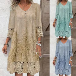 Women's Dress Lace Spliced 7-point Sleeve V-neck Elegant Spring and Summer New Simple Midi Skirt for Female
