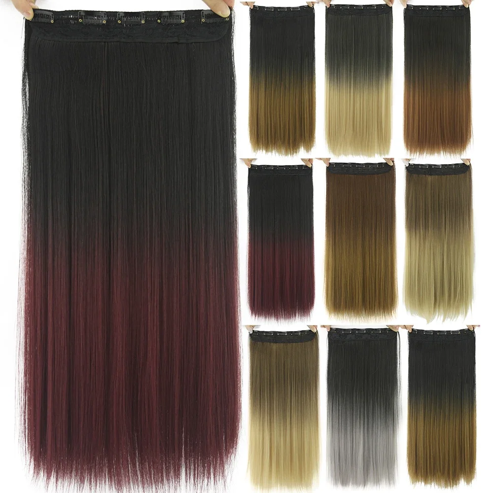 

Synthetic Straight Burgundy Ombre Clip in Hair Extension Hairpiece Fake Hair on Hairpins for Women Cabelo Clip Ins