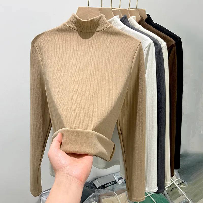 

Women T-shirt Long Sleeve Velvet Warm High Strecth Slim Fit Bottoming Shirts Fashion Korean Turtleneck Autumn Winter Undershirts
