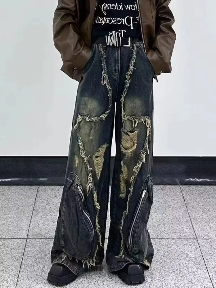 

2025 Punk Y2K Style Streetwear Patchwork Baggy Ripped Stacked Jeans Pants Men For Clothes Vintage Blue Zipper Old Denim Trousers