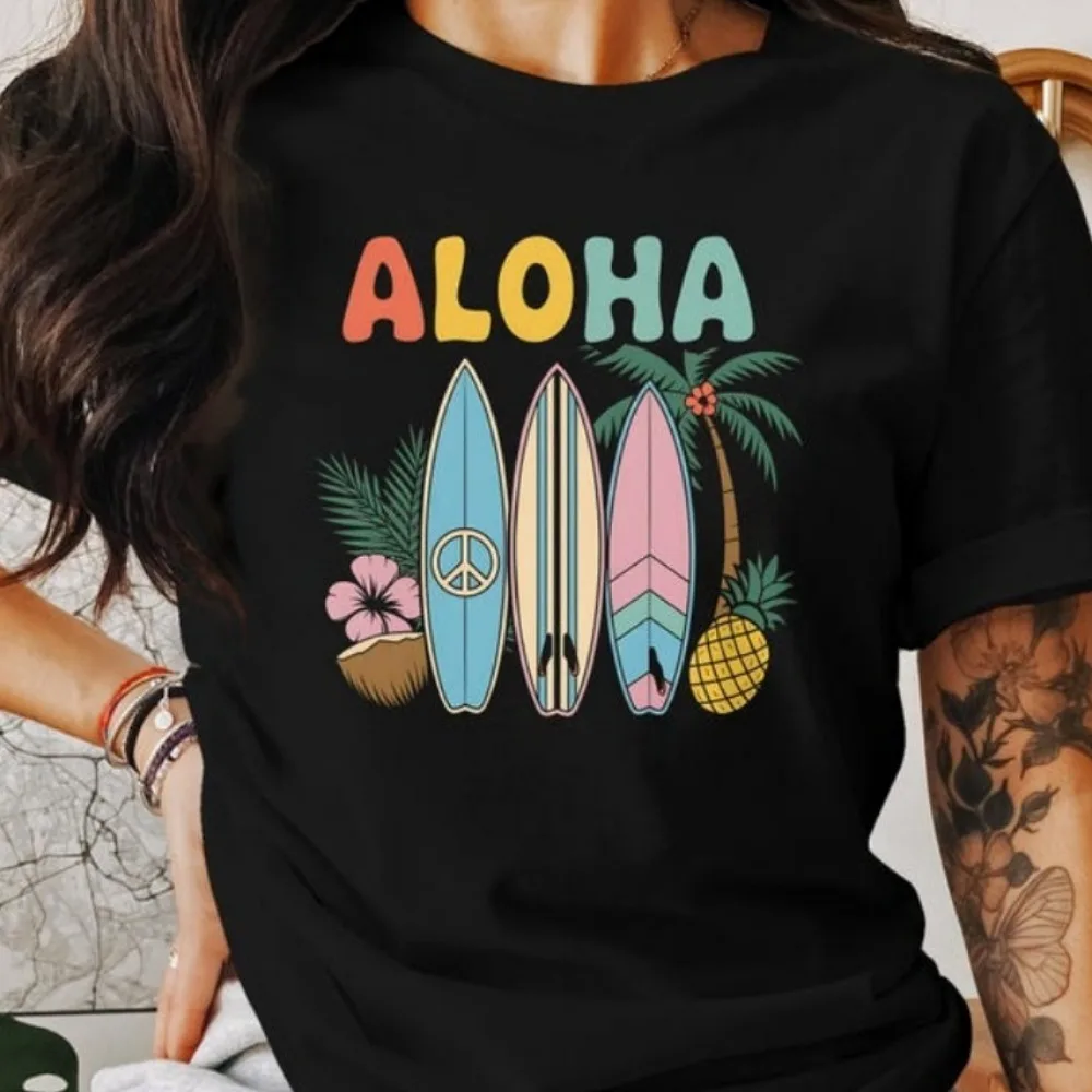 

Aloha T-Shirt Retro Surfboards Hawaiian Beach Vibes Tropical Palm Ropa Mujer Tree Summer Vacation Tees Trendy Graphic Tops