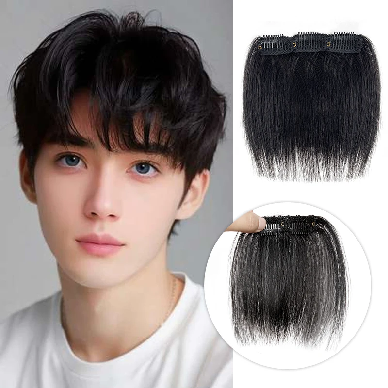 100% Human Hair Men's 10cm Hair Bangs Clips in Real Hair Bang Cover High Forehead Bangs Fringe Extension for Volume