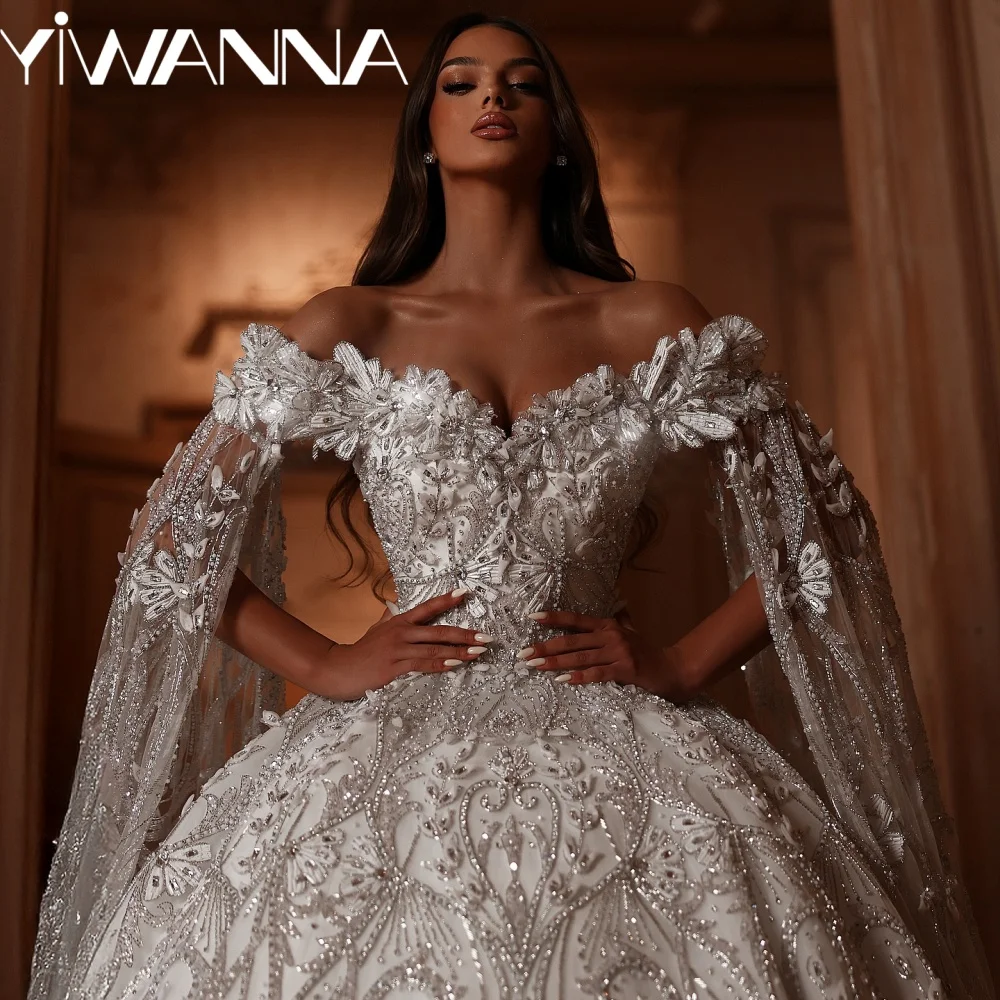 

Gorgeous Beaded 3D Flower Wedding Dress With Train Modest Off Shoulder Bridal Gown Customized Floor-length Dresses For Bride