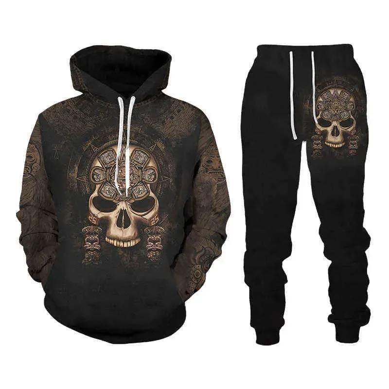 Autumn Fashion Gothic Skull 3D Printed Hoodie Suit Men Sweatshirts Sweatpants Casual Two Piece Tracksuit Set Men\'s Clothing