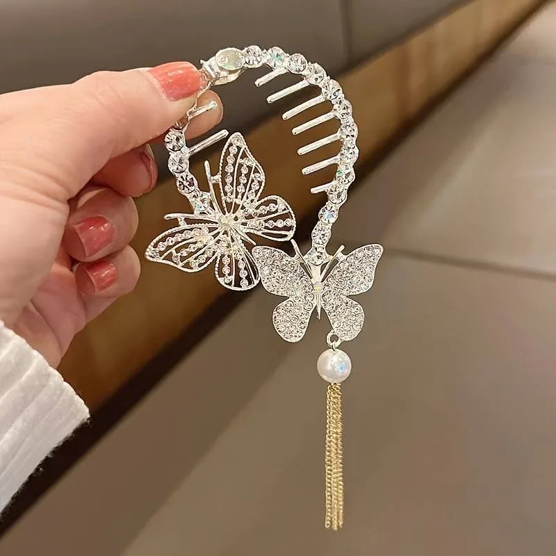 Exquisite Elegant Shiny Rhinestones Bun Buckle, Golden Hollow Butterfly Design Tassel Hair Clip, Women Girls Casual Leisure