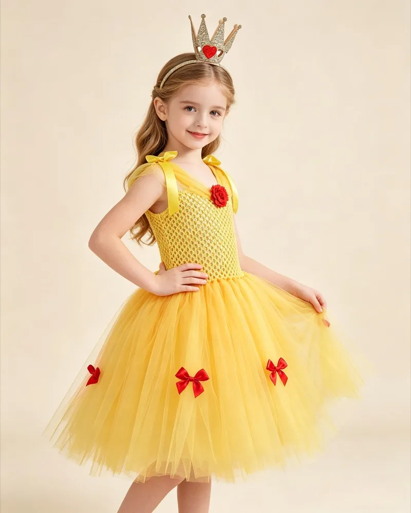 Halloween Girls Yellow Tulle Princess Dress Set Sleeveless Voluminous Mesh Skirt With Decorative Crown Headpiece Fashion Apparel