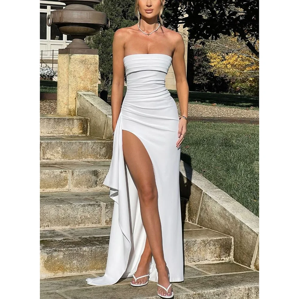 

Elegant White Asymmetrical Long Evening Party Dresses Simple Strapless Floor Length Dress Side Slit Sexy Prom Gowns Customized