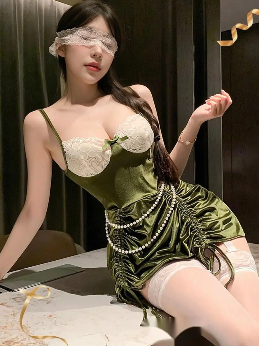 جديد مثير عيد الميلاد النفط اللوحة العميق الخامس المخملية فستان النوم الدانتيل مثير الأرداف العارية يمزح Bowknot عارية الذراعين فستان بلا أكمام HK5V