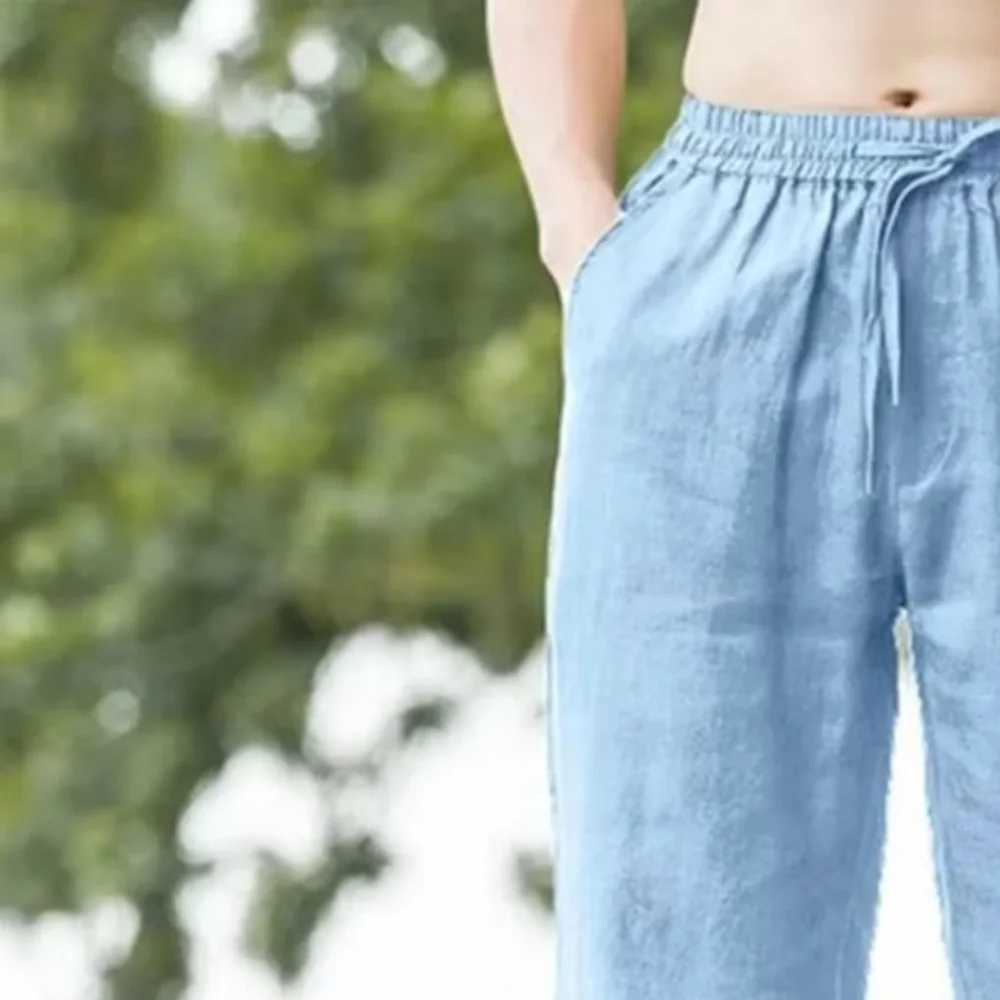 

Мужские брюки из хлопка и льна, модные повседневные брюки, однотонные дышащие свободные шорты, прямые брюки на шнурке, уличная мужская одежда