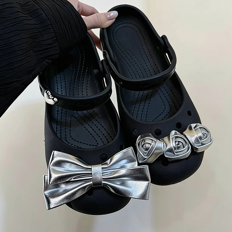 Luxury Silver Bowknot Shoes Decorations Women Summer 2026 Elegant Flower Ballet Clogs Accessories Black Shoes Charms Set Mujer