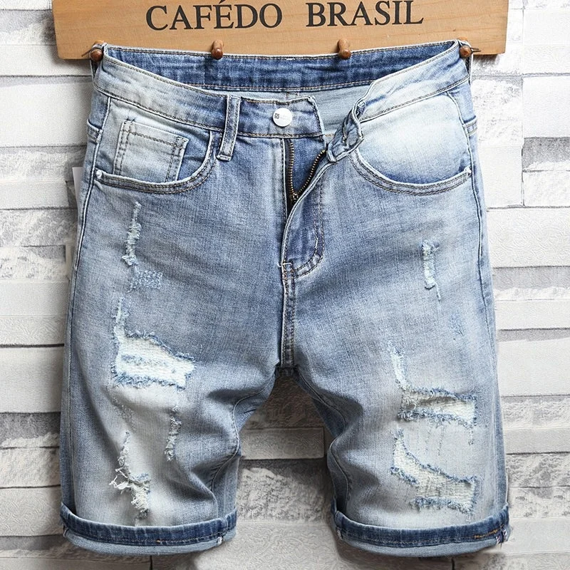 

Jeans Men Ripped Summer Streetwear Korean Style Casual Light Blue Lightweight Denim Shorts