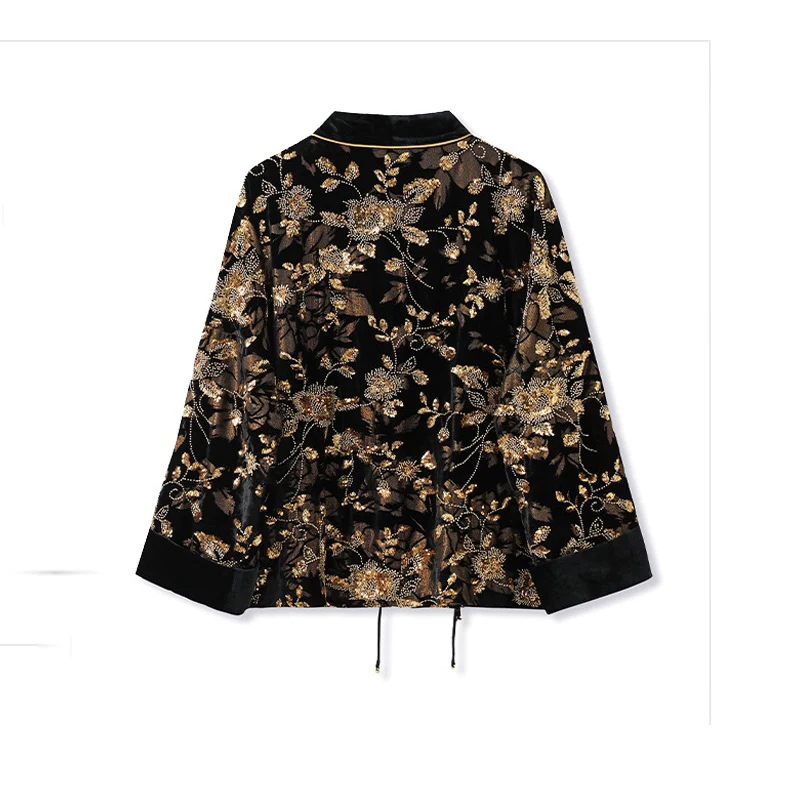 2024 Autumn New Burnt Flower Embroidered +Beading Chinese Style Silk + Velvet High Quality V-Neck Single Button Loose Coat S-L