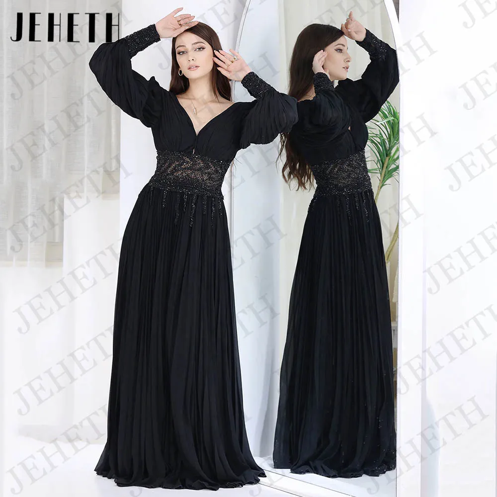 JEHETH فساتين السهرة zwart A-lijn Dubai chiffon avondjurk Arabische lange pofmouwen kraampjes rugloze V-hals prom jurk formeel Zwart A-lijn Dubai Chiffon Avondjurk  Arabische lange pofmouwen kralen  Rugloze V Neck Prom