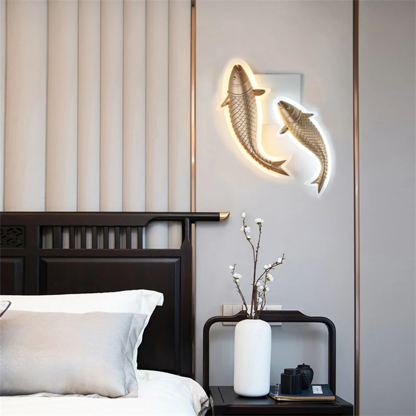 Golden carp LED wall lamps living room bedroom aisle fish-shaped decorative light personalized grilled fish shop sconces lights