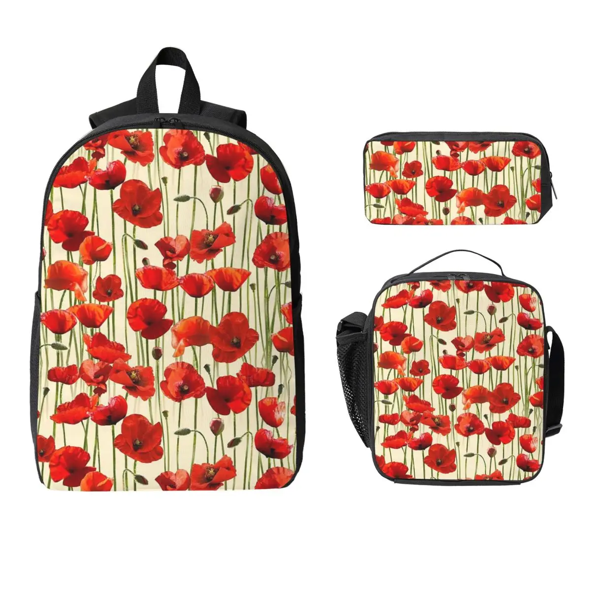 Poppy Flower And Plant Pattern Backpack Student BookBag School Bag Laptop Shoulder Bags 3ps Insulated Lunch Bag Pencil Case