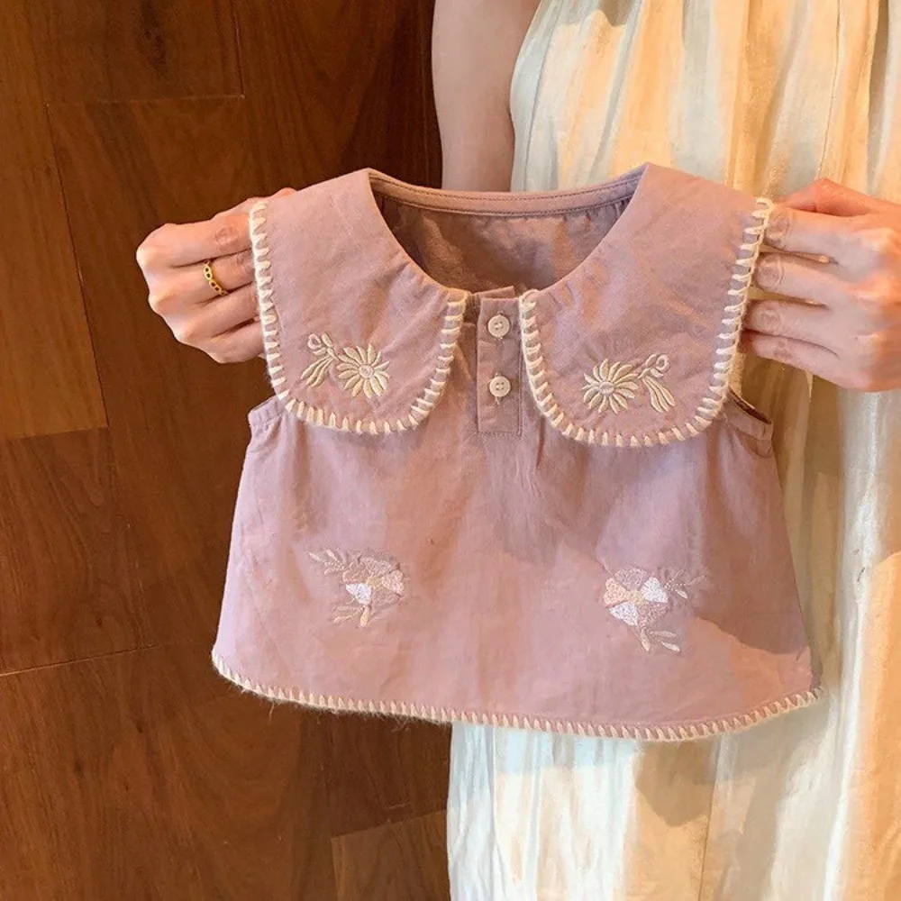 Fresh Korean Vibe 2-Piece Suit Lovely Girls Lapel Floral Embroidery Sleeveless Blouse + Shorts Vacation Outfit 2-7 Years