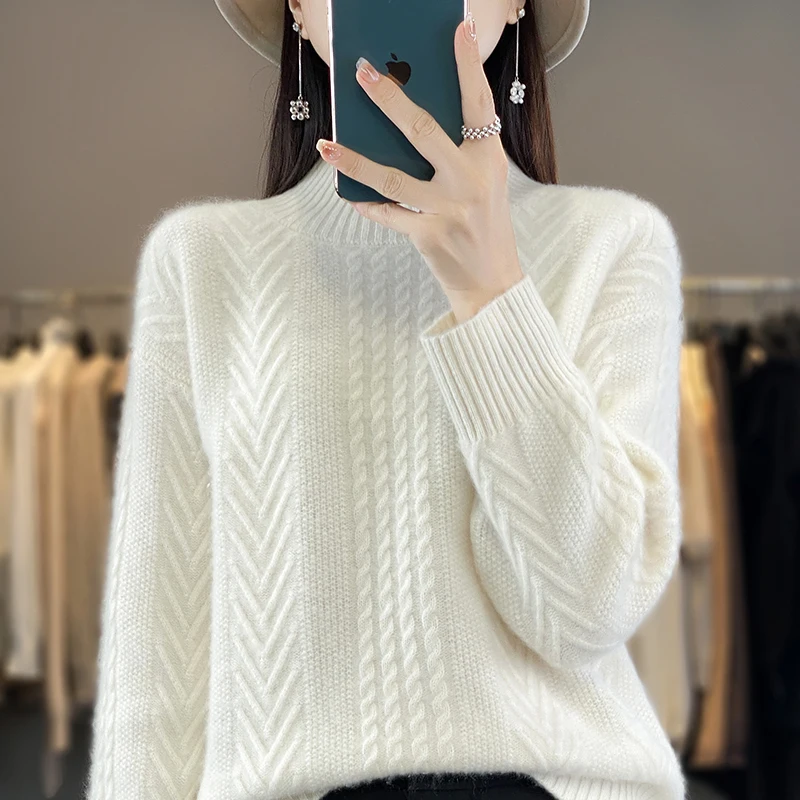 4-color New Women\'s 100 Pure Wool Knitted Women\'s Half High Neck Pullover Sweater Loose and Comfortable Autumn and Winter Women\'