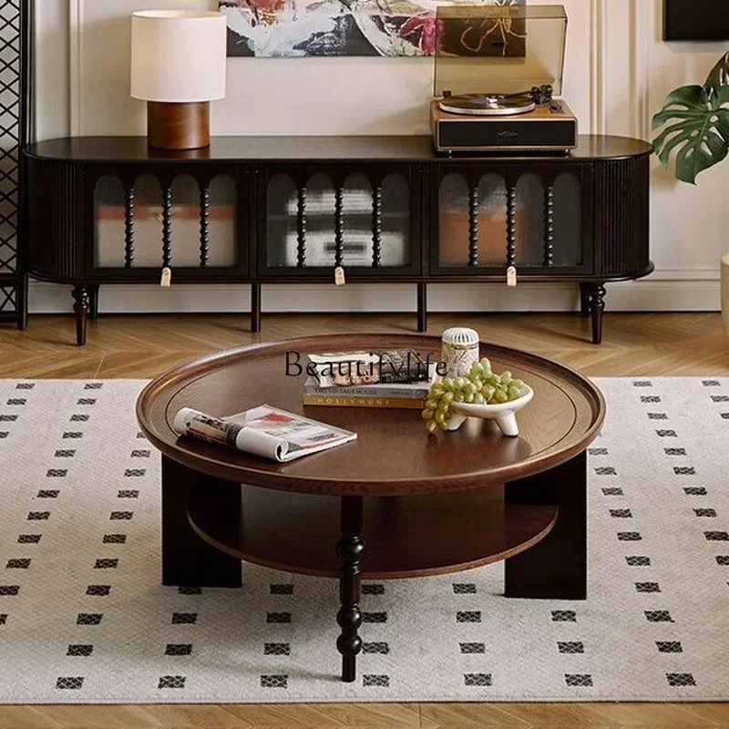 

ls 18French retro solid wood coffee table round American tea table household small table
