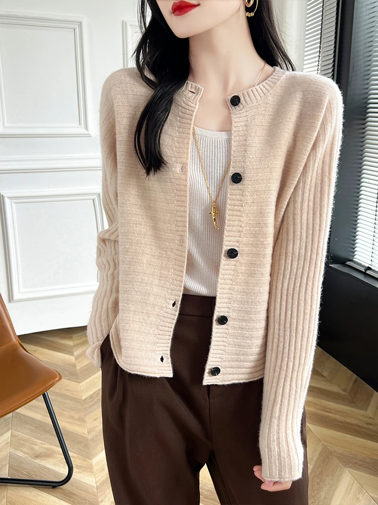 

High Quality Autumn Winter Women 100% Merino Wool Sweater Striped O-Neck Knitted Cardigan Casual Basics Button Cashmere Clothing