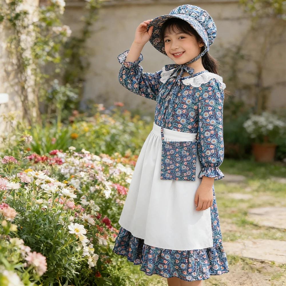 Floral Dress For Girls Spring Casual Outdoor Costume With Hat Bag 3Pcs Sets For Children Clothing Long Sleeve Princess Dress