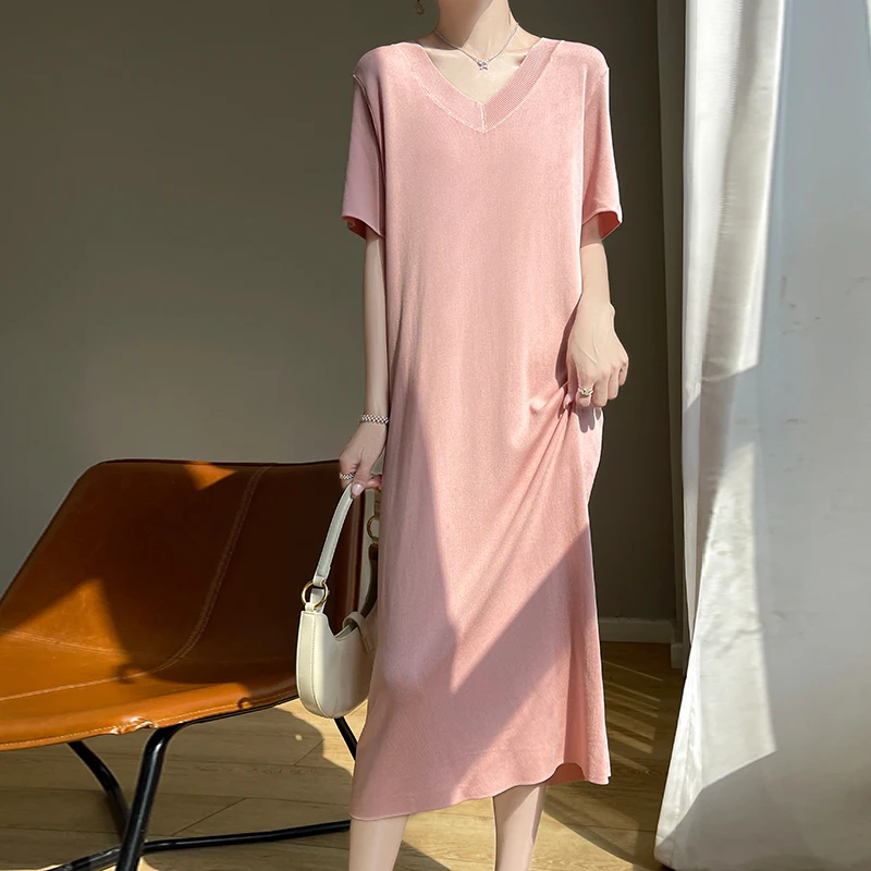 Zomer V-Hals Ijs Zijden Jurk Dames Dunne Koreaanse Stijl Modieuze Losse Effen Kleur Korte Mouwen Lange Rok Top