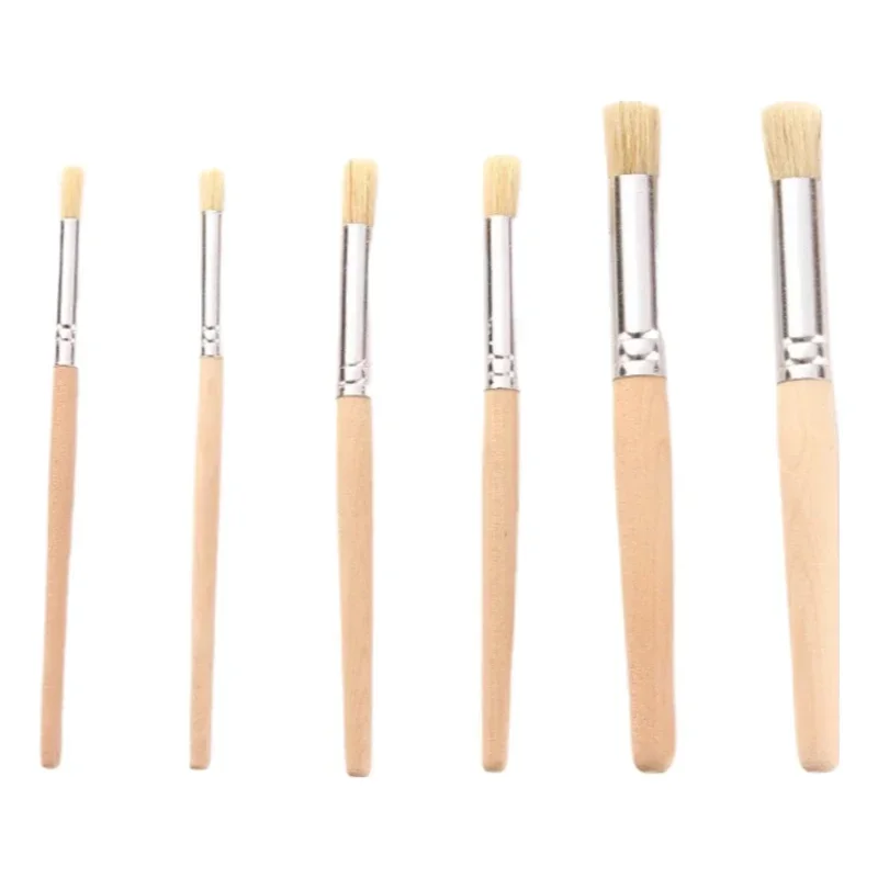 6-Pcs Piggy Mane Oil Painting Brush Round Head Wooden Handle Hard Hair Set Paint Brush Pier Pen Professional Art Cleaning Brush