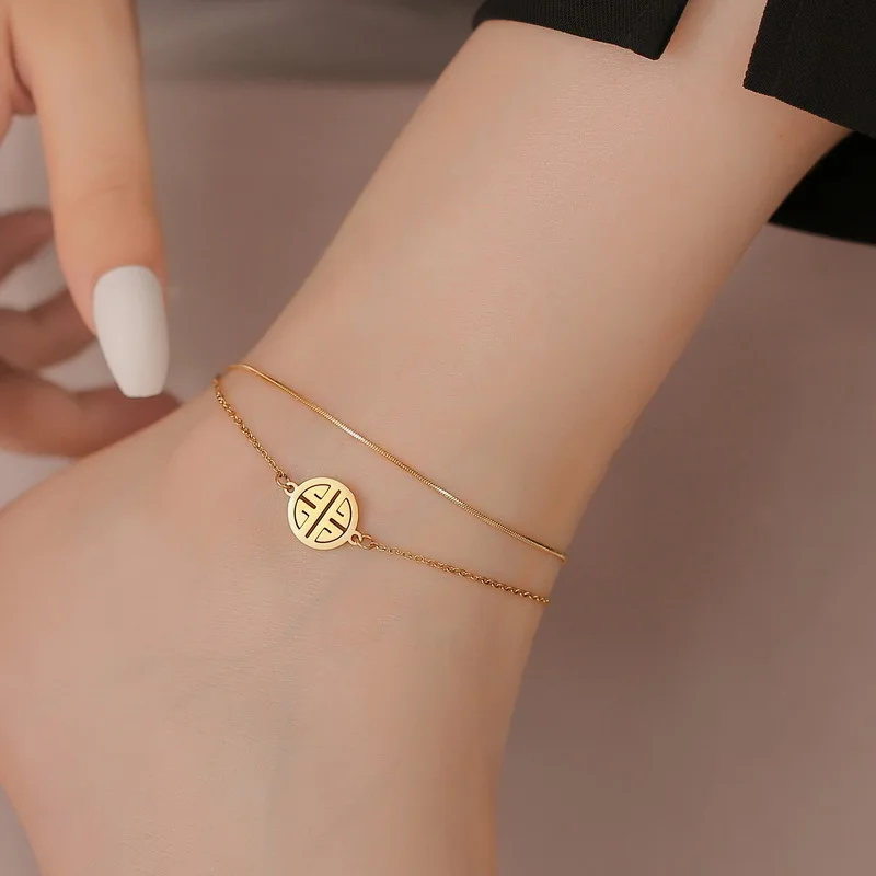 

Женский модный браслет на ногу Fuxi из титановой стали с двойным слоем, новинка Guochao, с покрытием из 18-каратного золота, универсальный, простой дизайн.