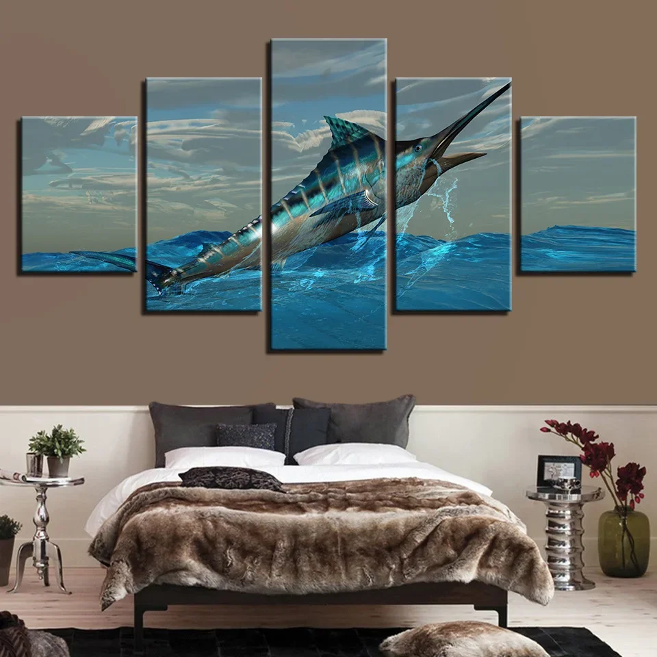 

5-piece canvas decoration painting spray painting sea blue gunfish sofa background wall painting home oil painting