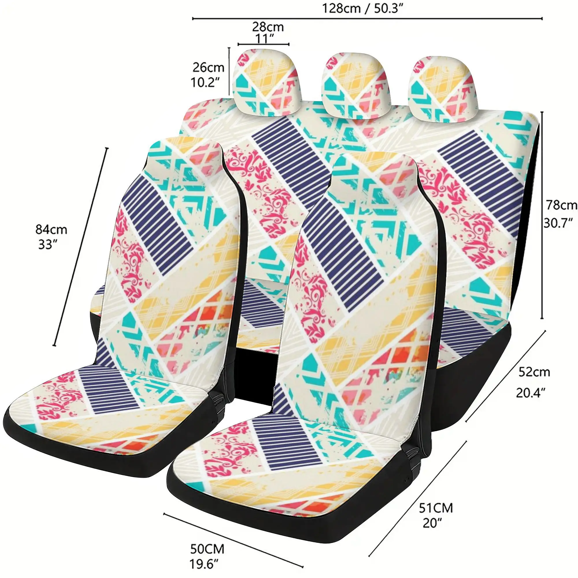 Patchwork Geometric Floral Texture Pattern Fashion Printed Five Seater Car Seat Covers, Two Front Seats, Three Hats, One Seat Cu