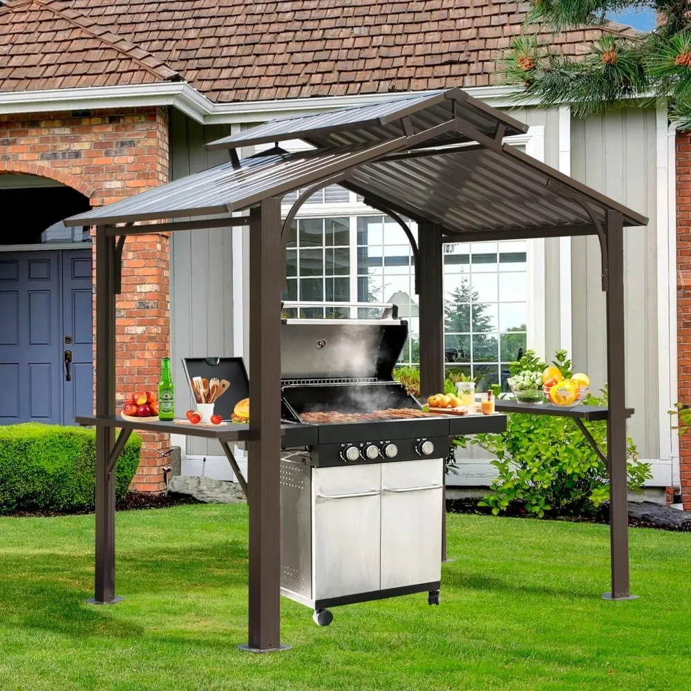 8x5FT Metal Grill Gazebo with 2 Side Shelves and Ceiling Hook，Outdoor Grill Canopy with Galvanized Steel Double Roof，BBQ Gazebo