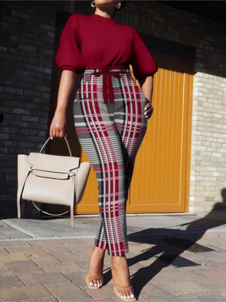 Vintage Plaid Print Two Pieces Sets Women Spring Summer Short Sleeve Top & High Waist Tied Slim Long Pants Casual Streetwear Set