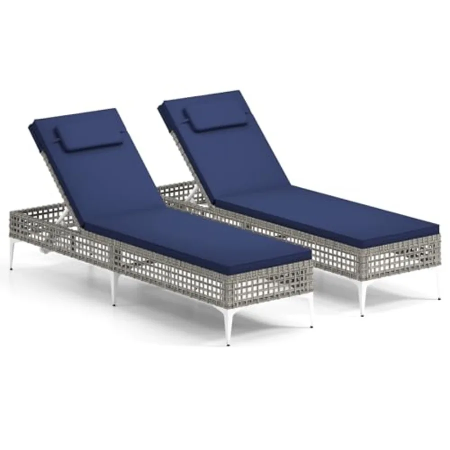 Patio Chaise Lounge Chair, PE Wicker, Beige, 6-Level Adjustable Backrest, Removable Cushion Headrest, Outdoor Lounge Chair for