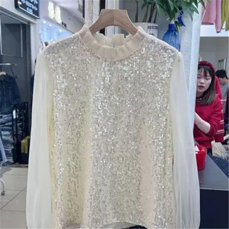 Ruffled Chiffon Long Sleeved Top Women\'s Bottom Top Women Shirts Sequined Clothes Korean Style Clothes Sequin Shirt Blouse