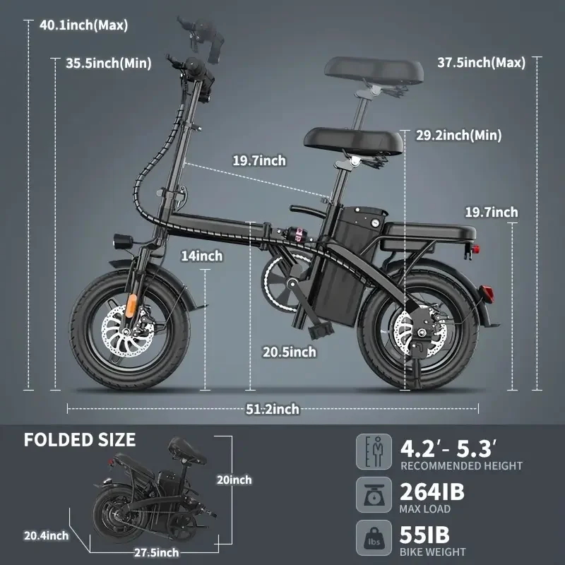 14" Mini faltbares Elektro-Motorräder E-Bike für Erwachsene, 450W Spitzenmotor Ebike 20Mph 19,5 Meilen 10,4AH Elektrofahrrad für Erwachsene