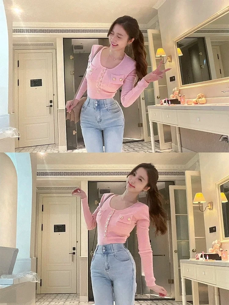 

High Waist Slim Fit Pencil Nine Point Jeans with Built in Hip Pad Butt Lifting Wear Resistant Cotton Stretch Denim
