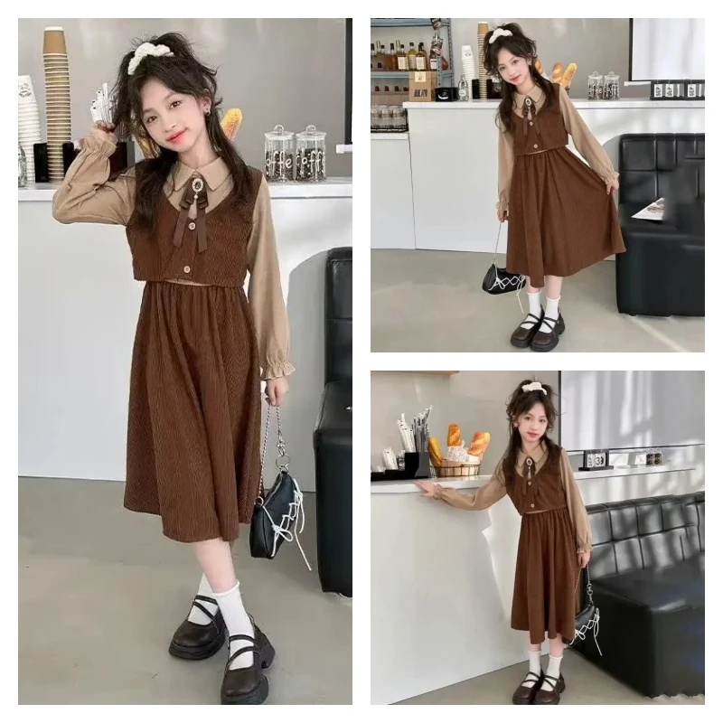 

Горячие кавайные модные топы для девочек, платье для студентов, весенне-осенняя повседневная рубашка с длинными рукавами и рисунком, жилет, юбка трапециевидной формы, детская одежда