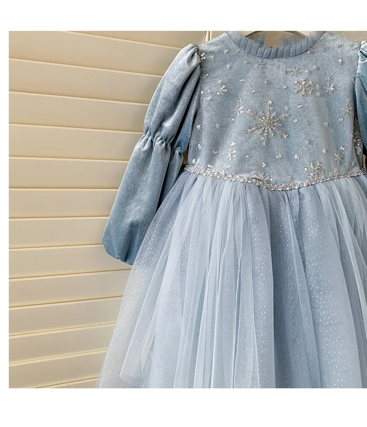

Детское сложное платье со снежинкой и сверкающей тюлевой юбкой, элегантное платье, осеннее голубое платье для девочек