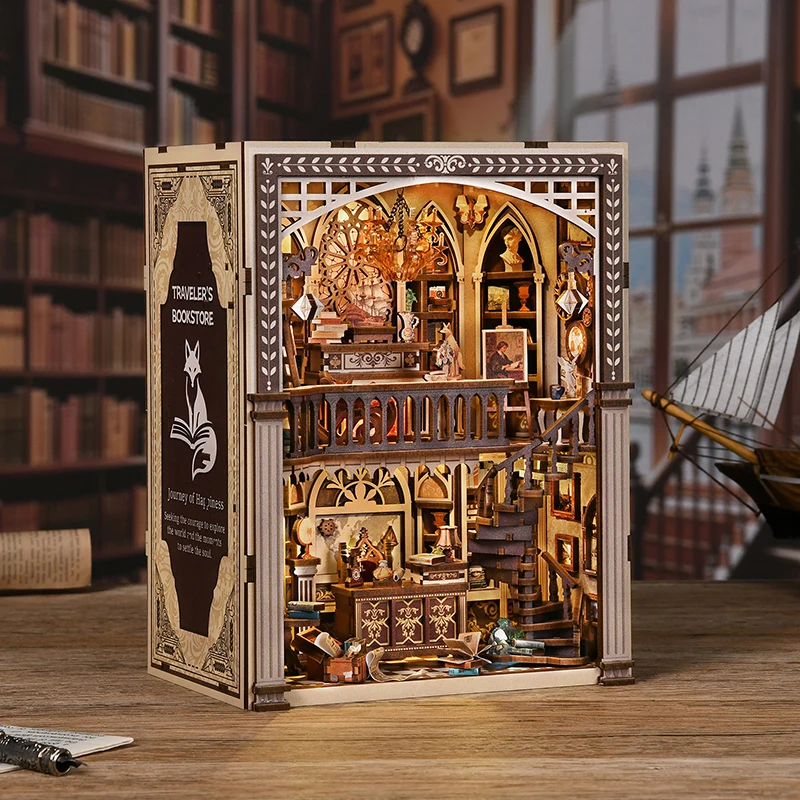DIY Wooden Traveler's Bookstore Book Nook Figurines Miniatures Kits Bookend for Friends Birthday Gifts Home Decor Crafts