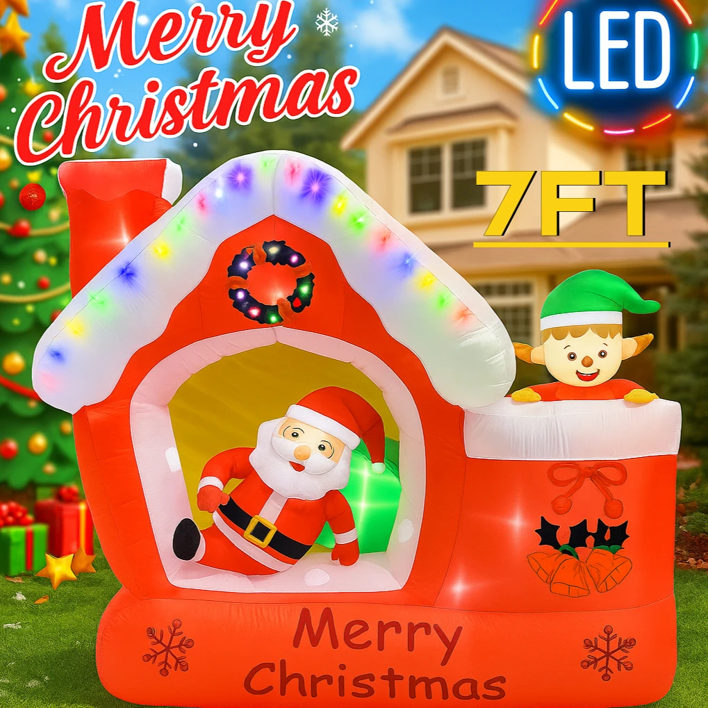 7FT gigantische kerst opblaasbare kerstman speelgoed elf huis met LED-verlichting tuin gazon decor benodigdheden huis ornamenten feestelijke geschenken