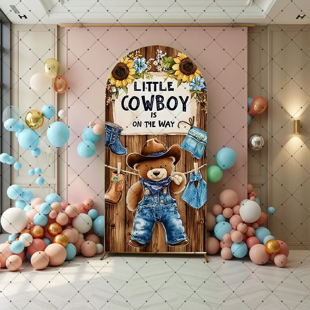 A Little Cowboy is on the Way Arch Backdrop Cover Western Cowboy Stripe Kids Cloth Cactus Boots Boy Baby Shower Party Decor