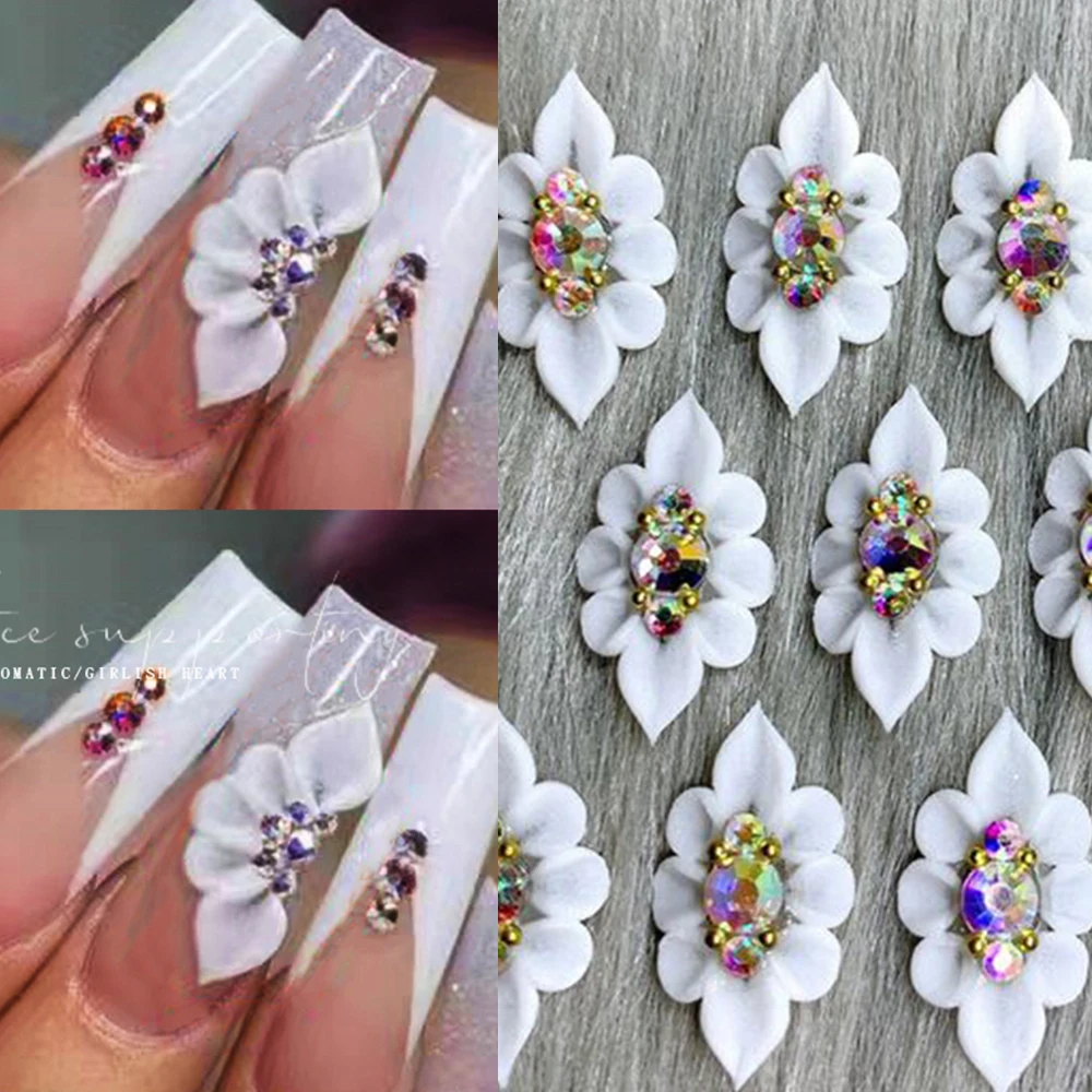 10Pcs 3D Handmade Side Acrylic Flowers With Pearl&Pile Diamond White Carving Floret 20X9MM Aurora Shell White Scale Flowers #Dec